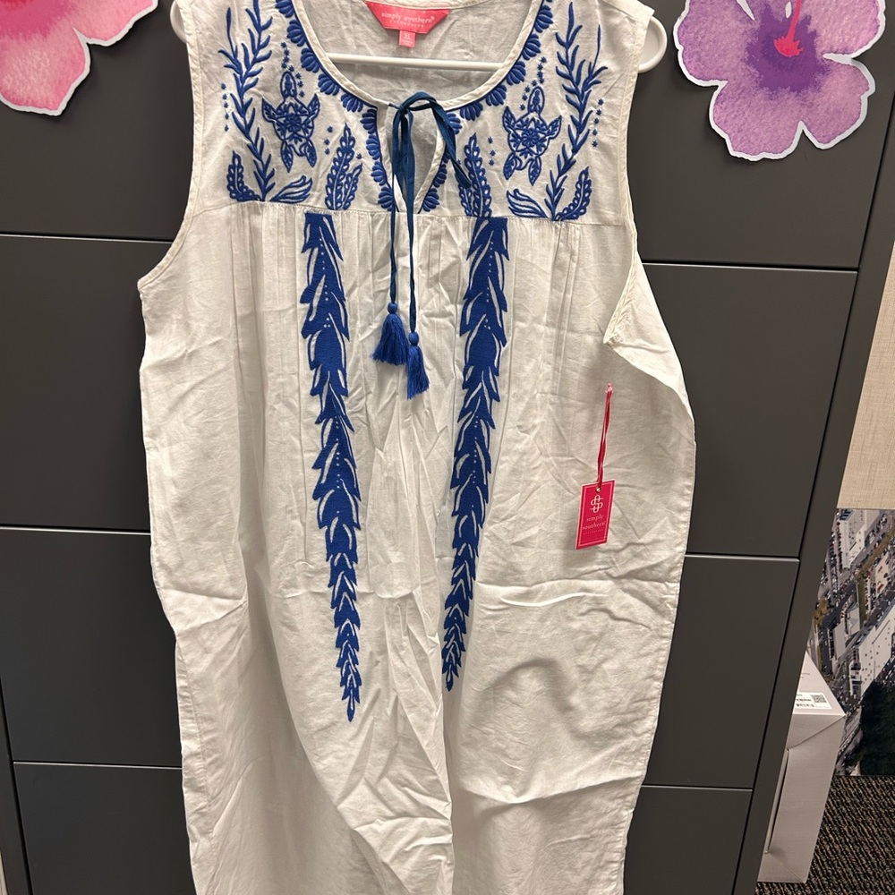 Simply Southern White Dress or Coverup with Blue Accents